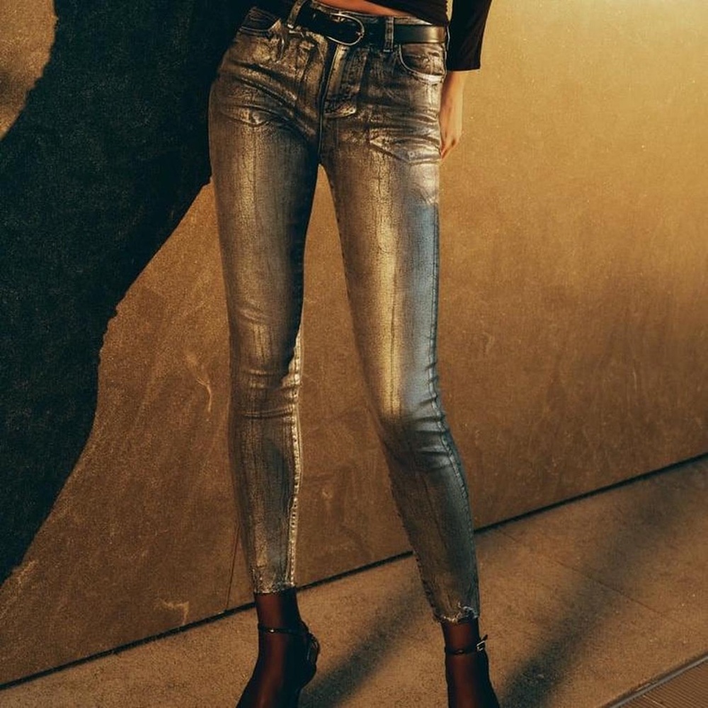 New Zara Silver Foil Metallic Mid Waist Skinny Jeans 1934/026 Size 6